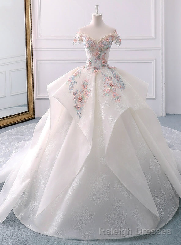 White Ball Gowns Lace Off The Shoulder Flower Wedding Dress