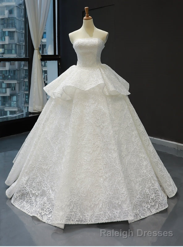 White Ball Gowns Lace Sequins Strapless Sleeveless Wedding Dress