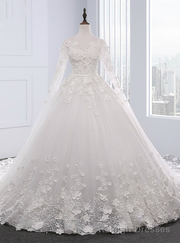 White Ball Gowns Long Sleeve Backless Wedding Dresses With Beading