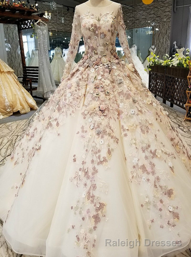 White Ball Gown Long Sleeve Flower Floor Length Wedding Dress Main image