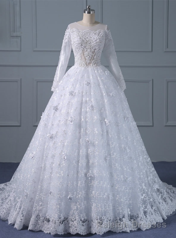 White Ball Gowns Long Sleeve Lace Appliques With Beading Wedding Dress