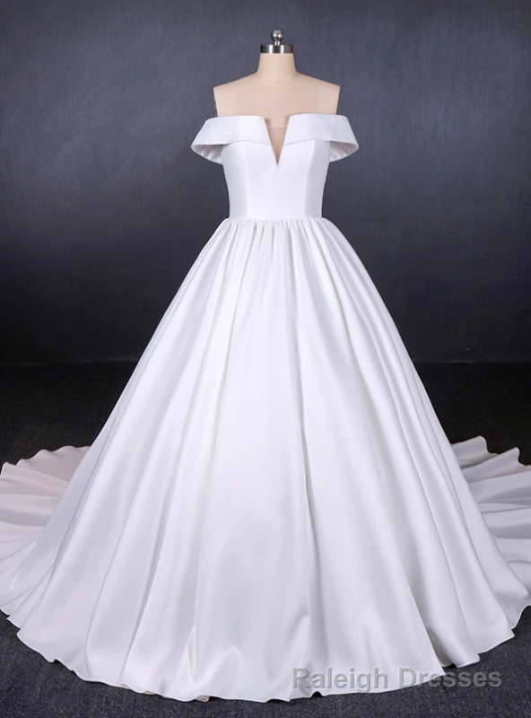 White Ball Gown Satin Off the Shoulder Pleats Wedding Dress Main image
