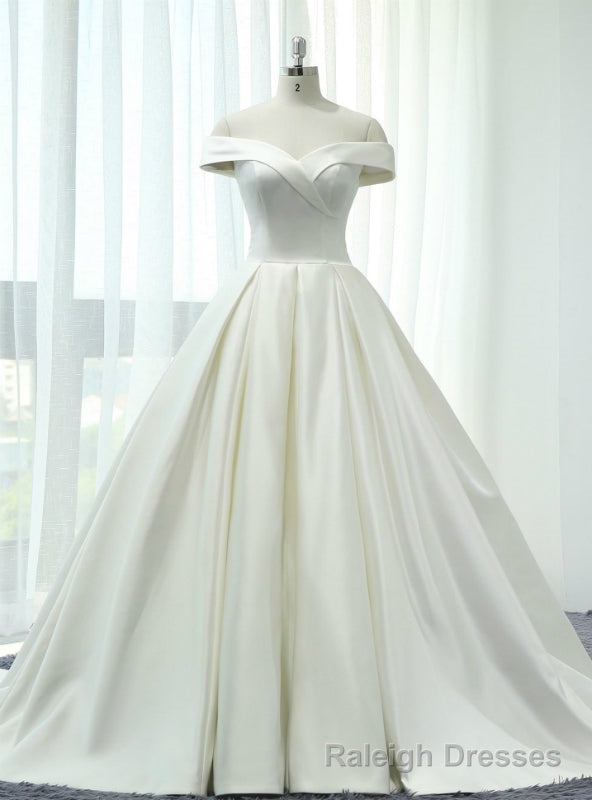 White Ball Gown Satin Off The Shoulder Wedding Dress With Train Main image