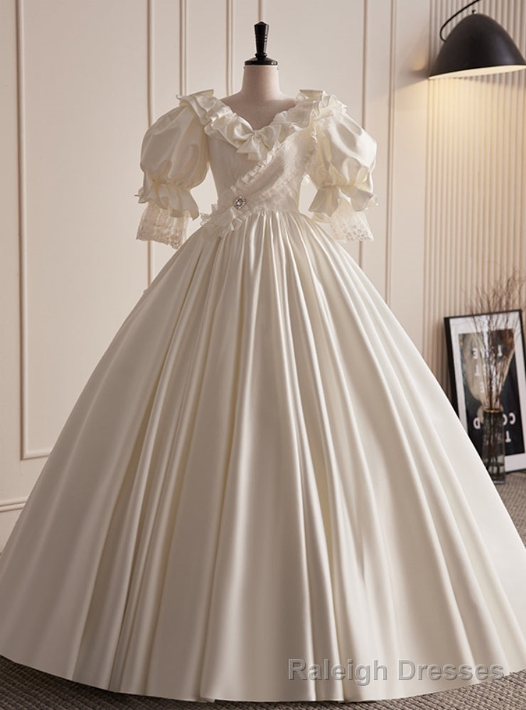 White Ball Gown Satin Puff Sleeve Wedding Dress Main image