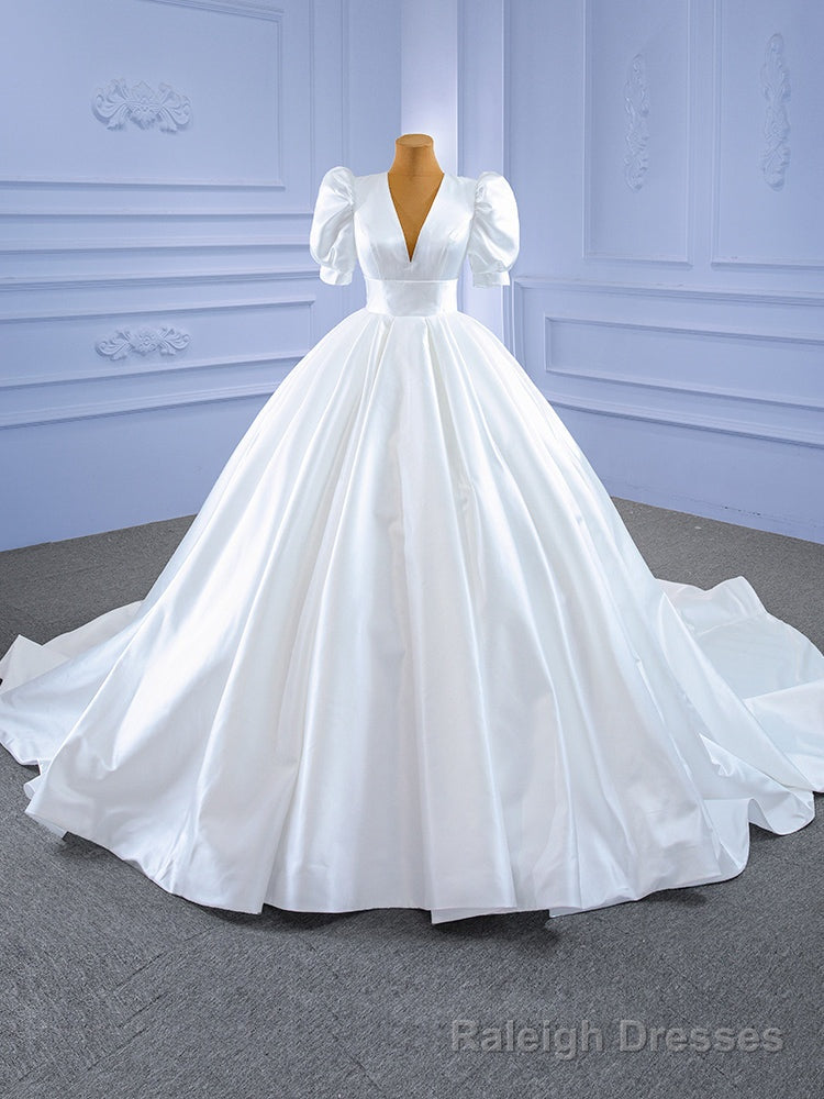 White Ball Gown Satin V-neck Puff Sleeve Wedding Dress Main image