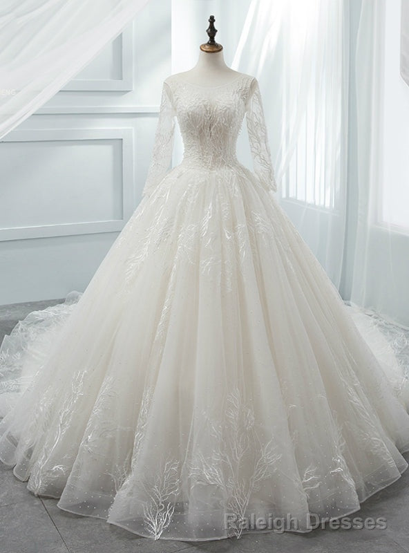 White Ball Gown Scoop Long Sleeve Tulle Wedding Dress With Beading Main image
