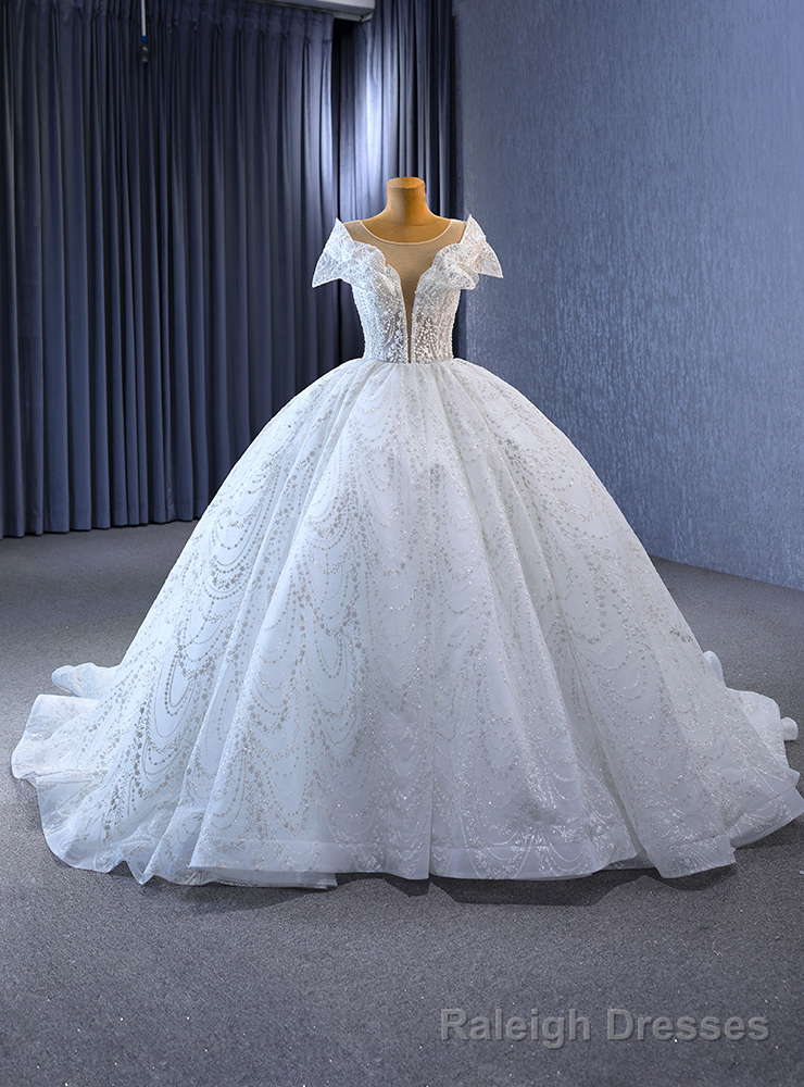 White Ball Gowns Sequins Beading Wedding Dress