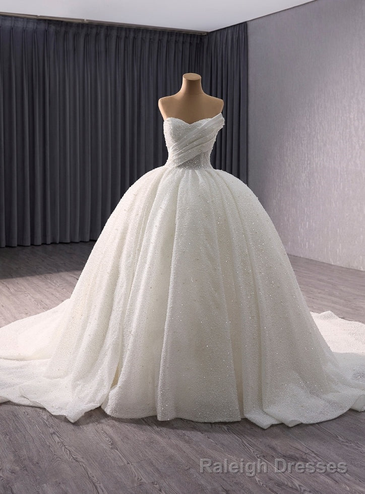 White Ball Gown Sequins Strapless Pearls Wedding Dress Main image