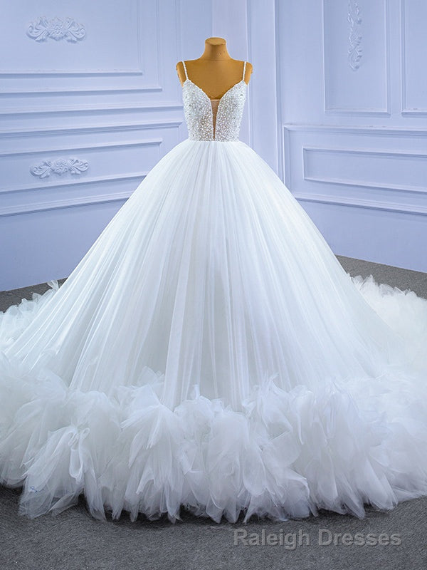 White Ball Gown Spaghetti Straps Pearls Wedding Dress Main image