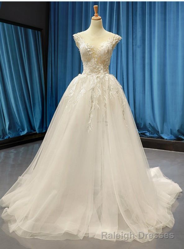 White Ball Gown Tulle Appliques Bateau Backless Wedding Dress Main image