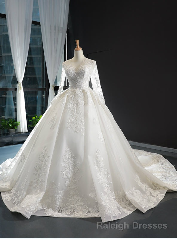 White Ball Gown Tulle Appliques Long Sleeve Wedding Dress With Train Main image