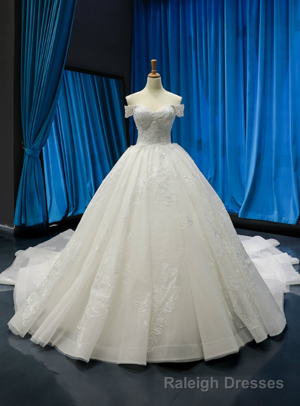 White Ball Gown Tulle Appliques Off the Shoulder Wedding Dress With Sequins Main image