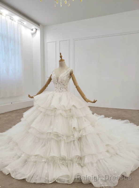 White Ball Gown Tulle Deep V-neck Tiers Appliques Wedding Dress