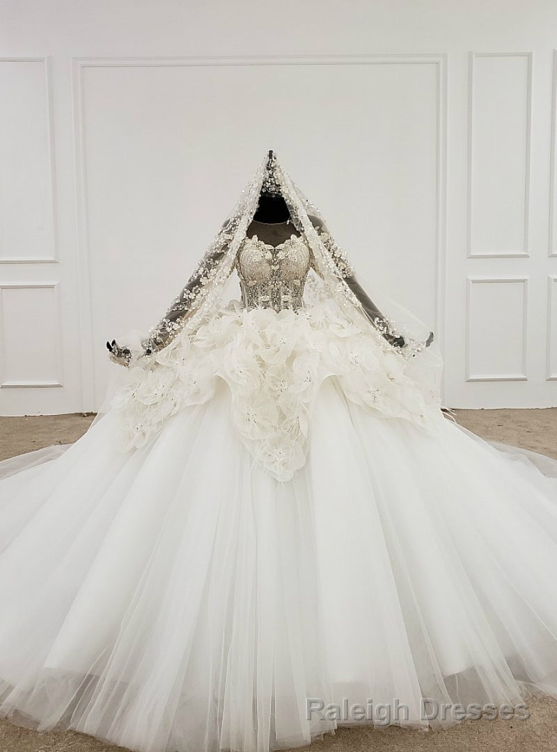 White Ball Gown Tulle Flower Long Sleeve Beading Sequins Wedding Dress Main image