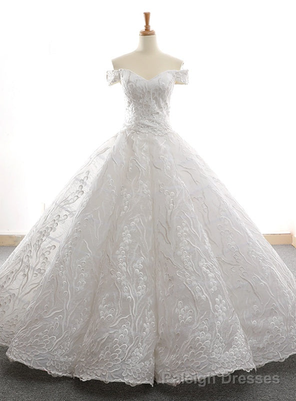 White Ball Gowns Tulle Lace Appliques Off the Shoulder Prom Dress