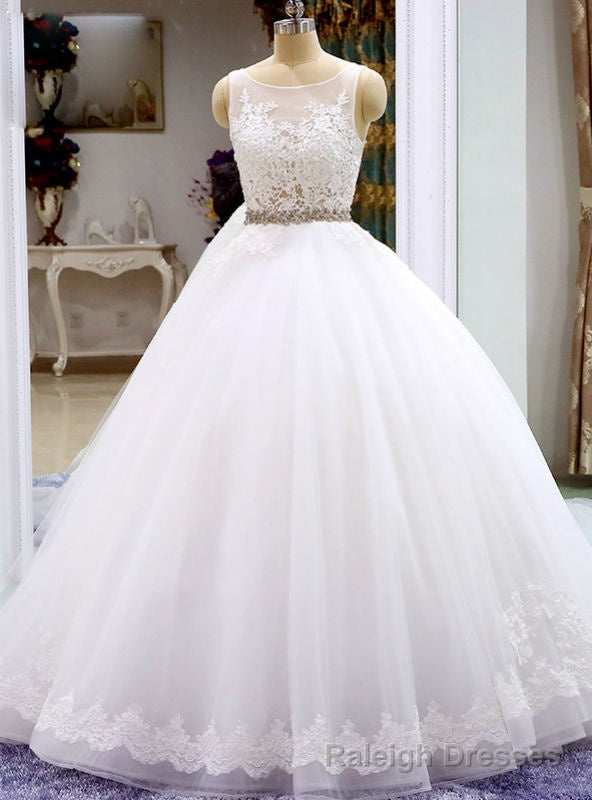 White Ball Gowns Tulle Lace Bateau Backless Long Wedding Dresses