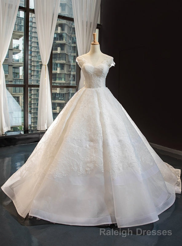 White Ball Gowns Tulle Lace Cap Sleeve Luxury Wedding Dress