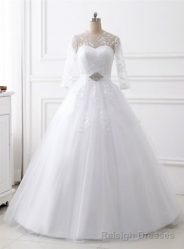 White Ball Gown Tulle Long Sleeve Backless Wedding Dress With Belt Main image