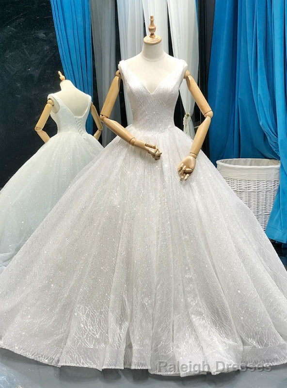 White Ball Gown Tulle Sequins Deep V-neck Backless Wedding Dress Main image