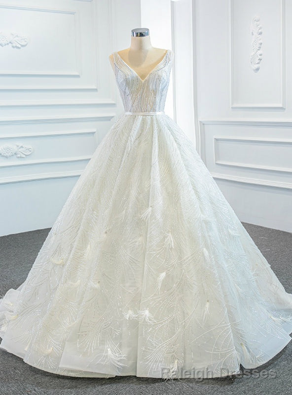 White Ball Gown Tulle Sequins Feather Sleeveless Wedding Dress Main image