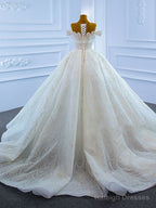 White Ball Gowns Tulle Sequins Scoop Pearls Wedding Dresses Prom Dress