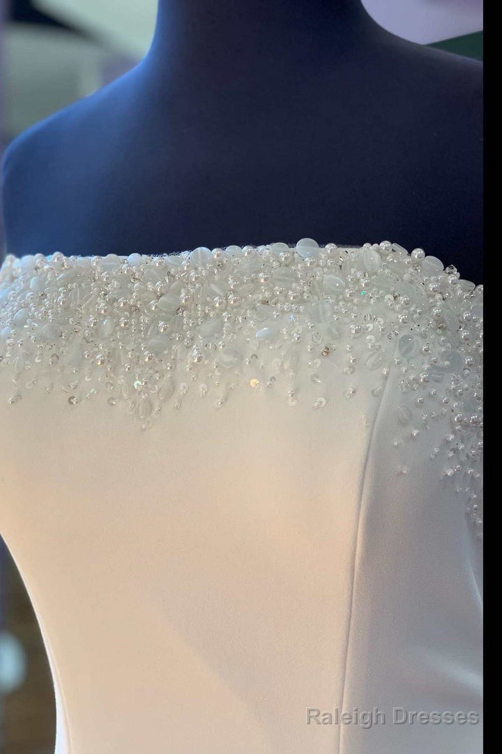 White Beaded Strapless Mermaid Long Bridal Gown Off Shoulder