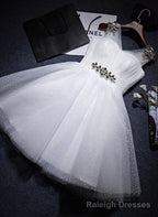 White Beaded Tulle V Neckline Short Prom Dress, White Tulle Graduation Dress Prom Dress
