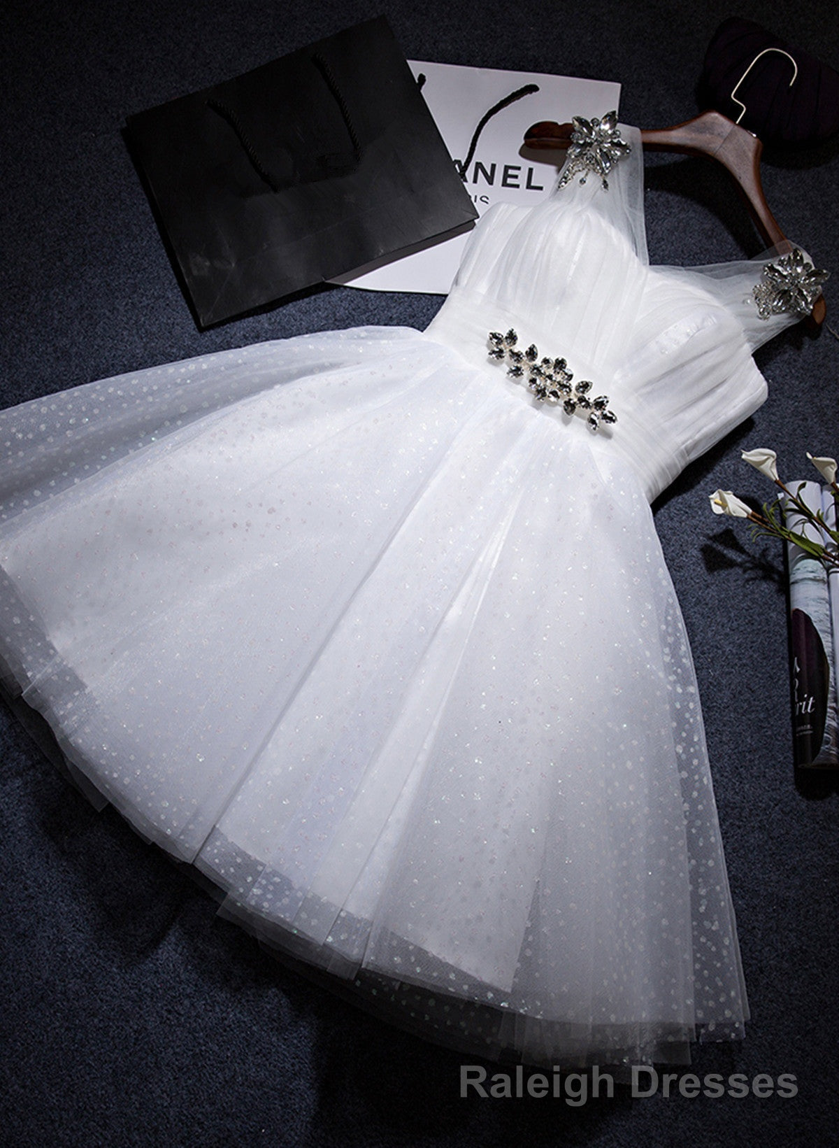 White Beaded Tulle V Neckline Short Prom Dress, White Tulle Graduation Dress Prom Dress