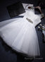 White Beaded Tulle V Neckline Short Prom Dress, White Tulle Graduation Dress Prom Dress