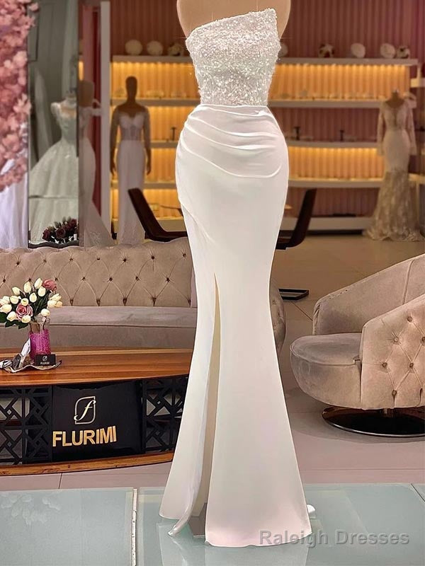 White Beading Mermaid Sleeveless Side Slit Prom Dress,