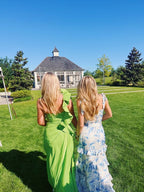 White Blue Floral A-Line Prom Dress Long Prom Gowns