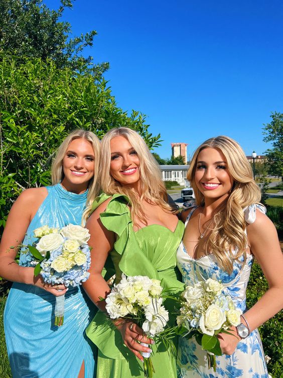 White Blue Floral A-Line Prom Dress Long Prom Gowns