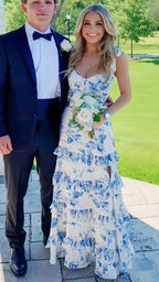 White Blue Floral A-Line Prom Dress Long Prom Gowns