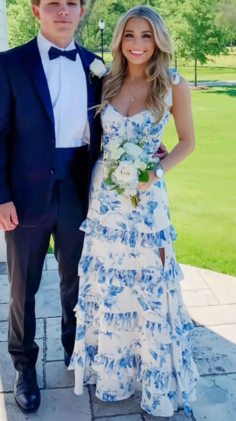 White Blue Floral A-Line Prom Dress Long Prom Gowns