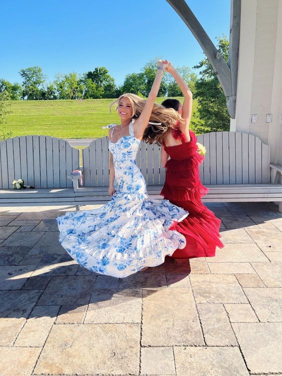 White Blue Floral A-Line Prom Dress Long Prom Gowns