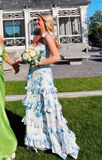 White Blue Floral A-Line Prom Dress Long Prom Gowns
