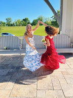 White Blue Floral A-Line Prom Dress Long Prom Gowns