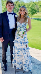 White Blue Floral A-Line Prom Dress Long Prom Gowns