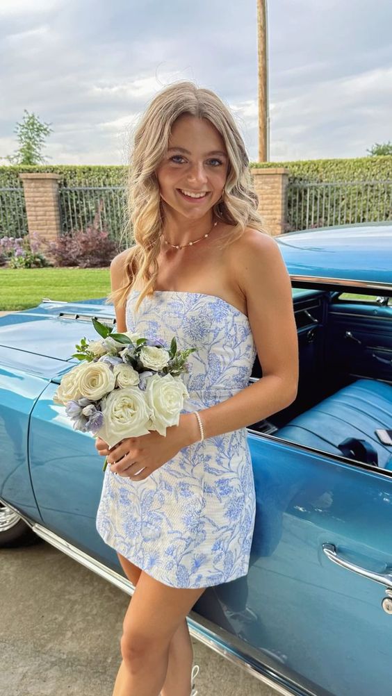 White Blue Floral Homecoming Dress Strapless Short Prom Dress Secondary image