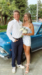 White Blue Floral Homecoming Dress Strapless Short Prom Dress