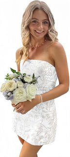 White Blue Floral Homecoming Dress Strapless Short Prom Dress