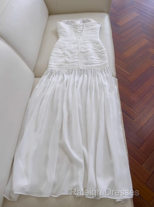 White Bodycon Dress Strapless Chiffon Long Prom Dress Simple Evening Dress