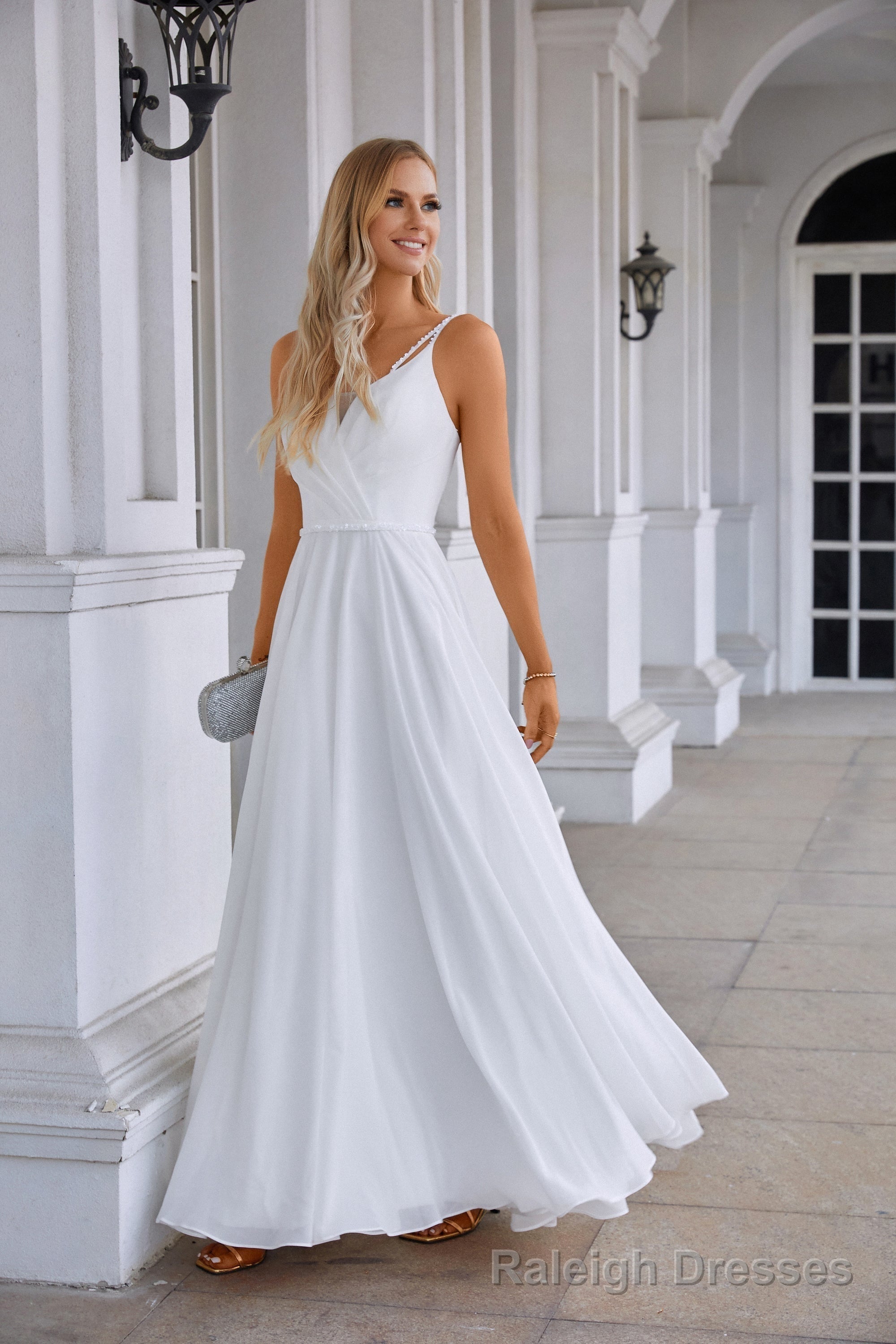 White Chiffon Prom Dresses Surplice Neck A-Line Long Evening Dress with Spaghetti Straps Secondary image