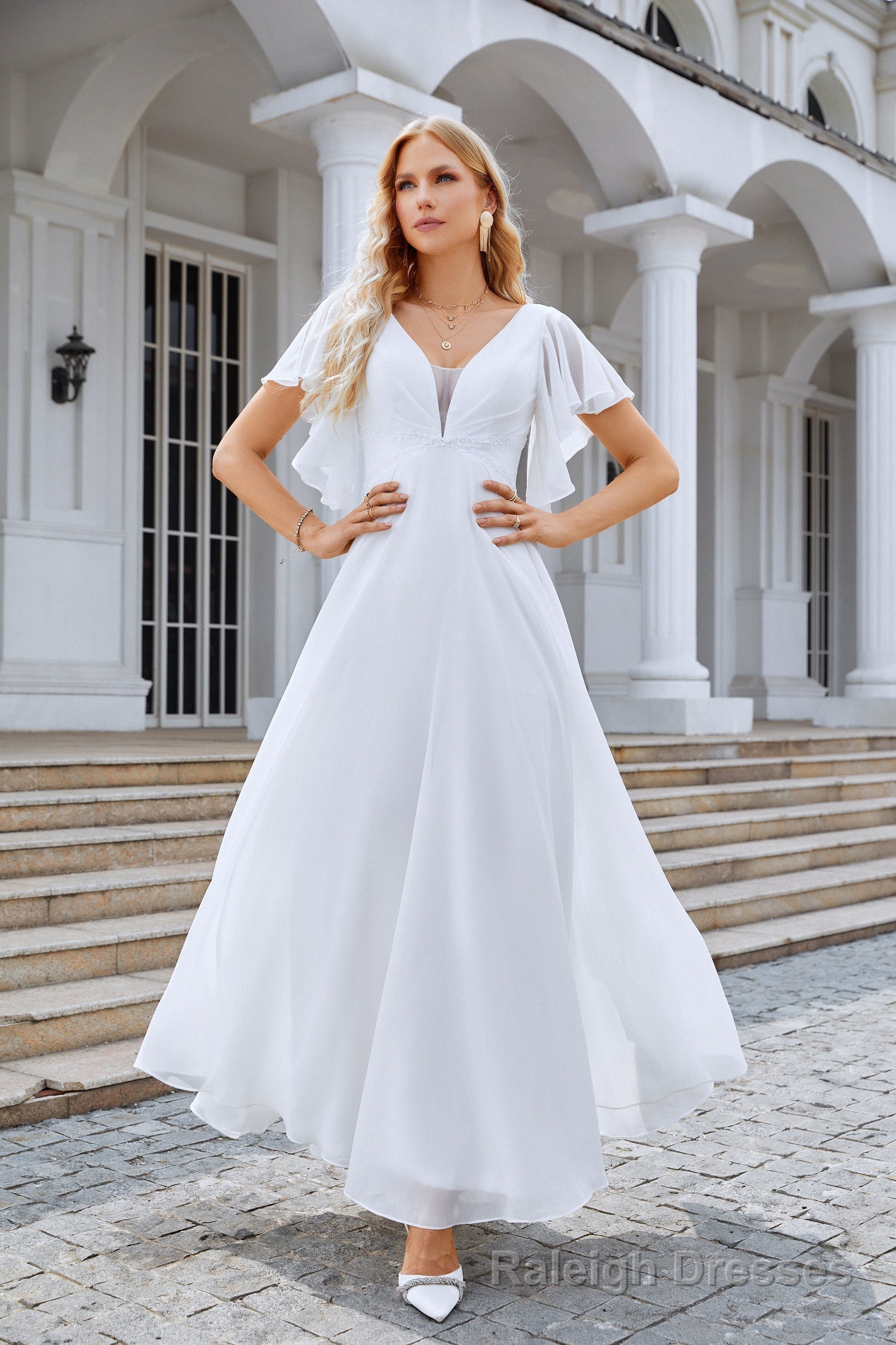 White Chiffon Prom Dresses V Neck Chiffon A Line Sequin Floor Length Long Dress with Flared Sleeves Main image