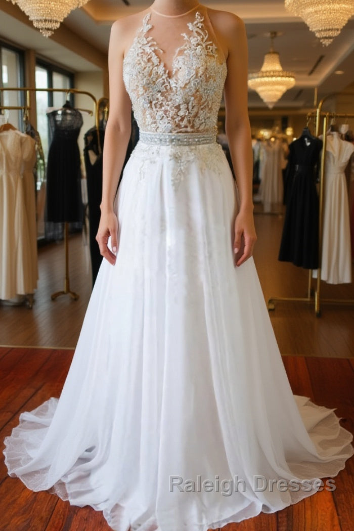 White Chiffon Tulle Appliques Lace Sweep Train Open Back Prom Dress Lace Prom Dress