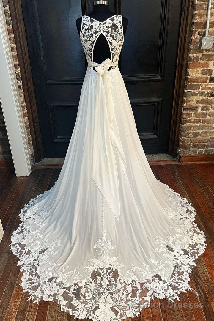 White Cowl Neck Cutout Back Lace-Trimmed Long Wedding Dress Beautiful Secondary image