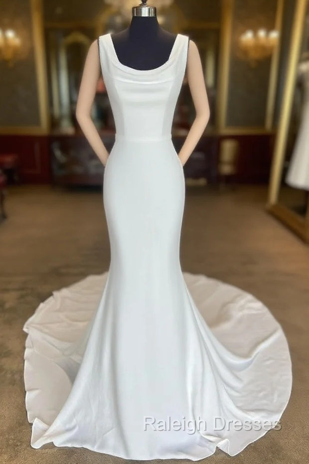 White Cowl Neck Open Back Mermaid Long Wedding Dress Pure Color Main image