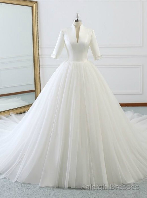 White Deep V-neck High Neck Short Sleeve Wedding Dress Main image
