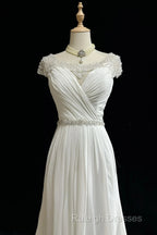 White Elegant A-Line Chiffon V-Neck Prom Dresses Long With Beading Simple Wedding Dresses