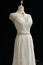 White Elegant A-Line Chiffon V-Neck Long Prom Dress With Beading Simple Wedding Dress